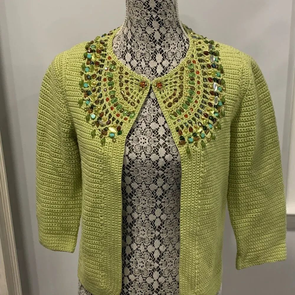 Cynthia Steffe Green Cardigan Sweater with Embellished Neckline